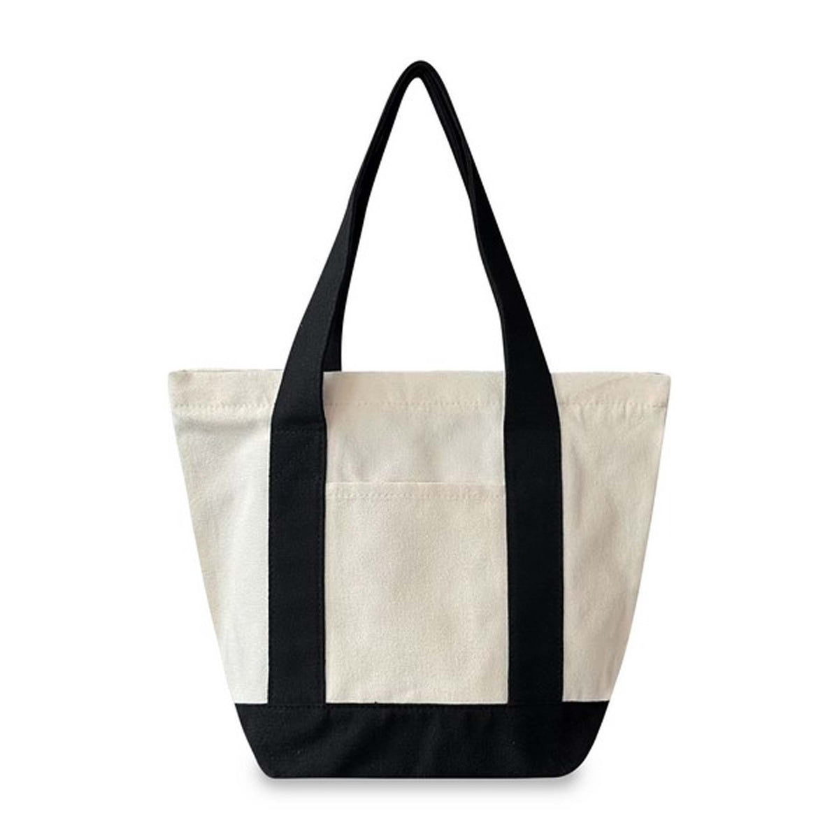 A canvas tote bag with an off-white body, black shoulder straps, and a black bottom base, shown against a plain white background.