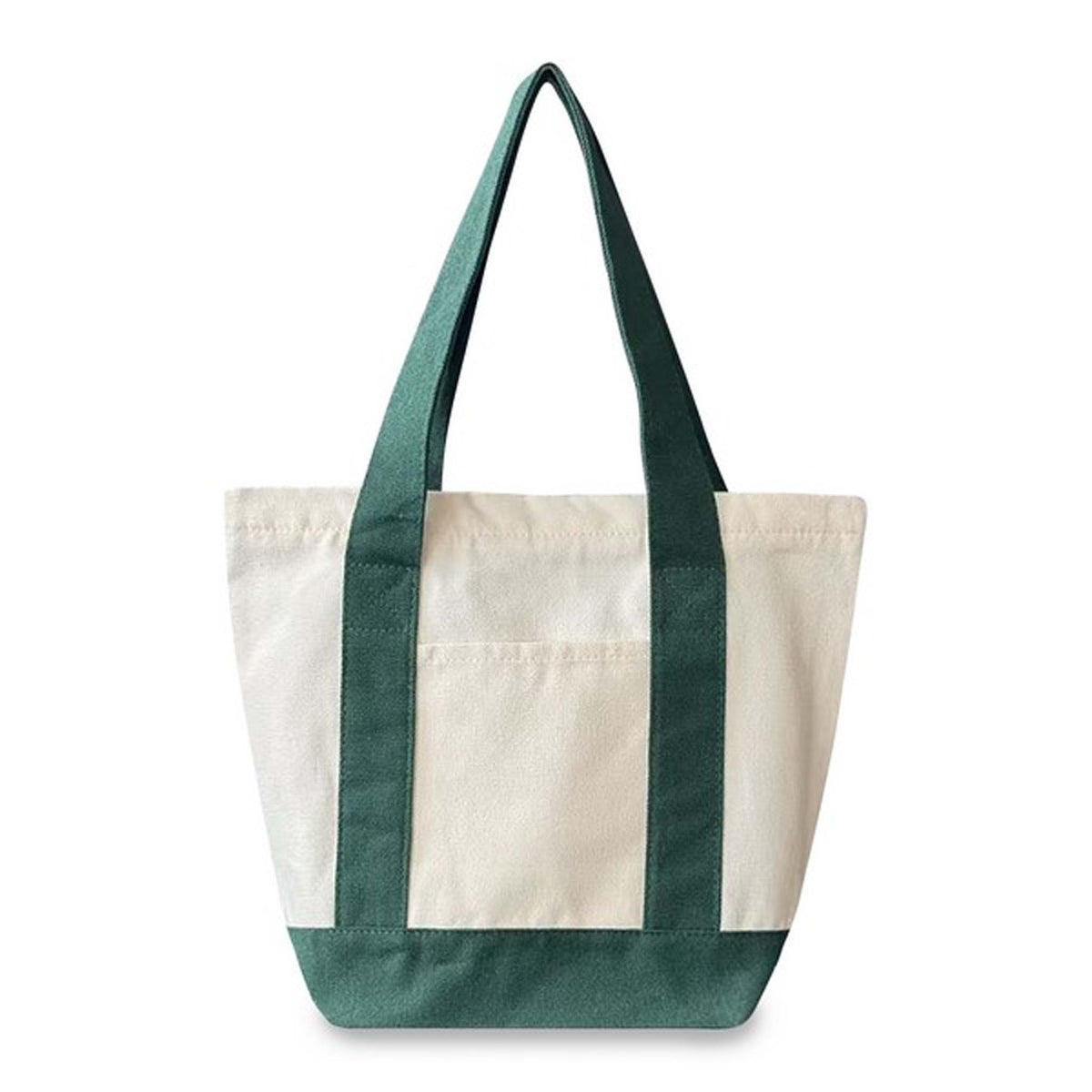 A canvas tote bag with a natural off-white body, dark green handles, and a dark green bottom panel, shown against a plain white background.