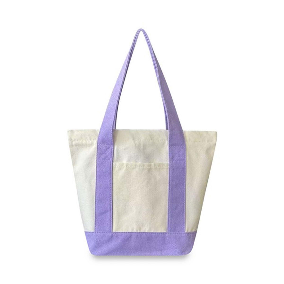A canvas tote bag with an off-white body and lavender purple straps, trim, and base, shown against a plain white background.