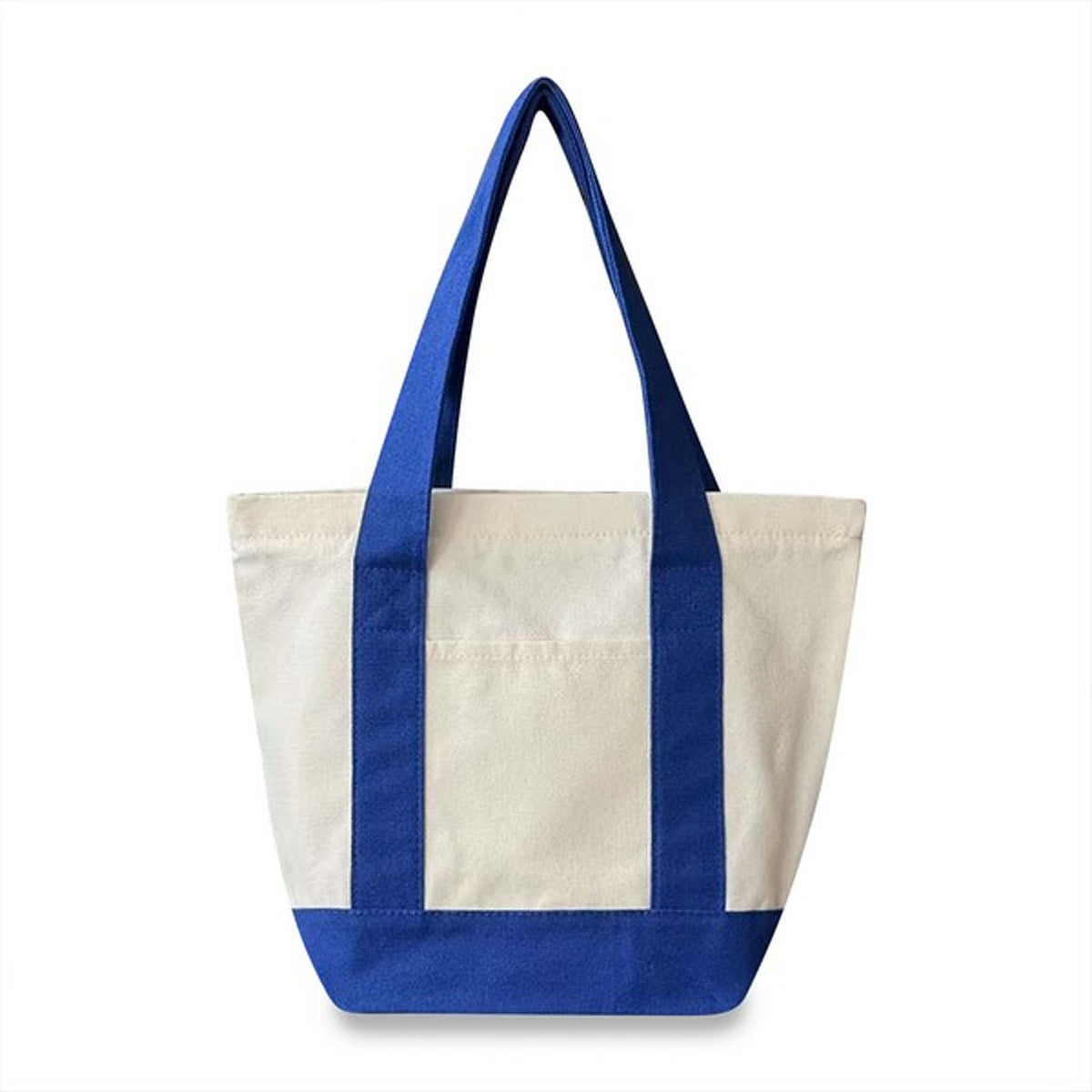 A canvas tote bag with an off-white body and royal blue handles, trim, and base, shown against a plain white background.