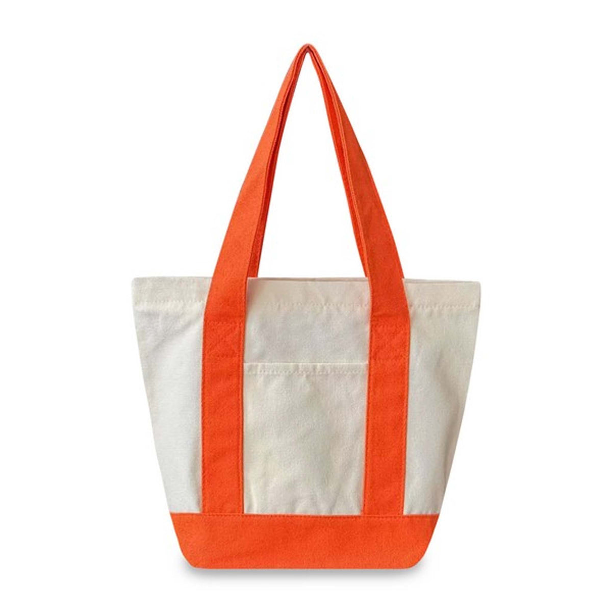 A canvas tote bag with a natural off-white body and bright orange straps and bottom trim, shown against a plain white background.