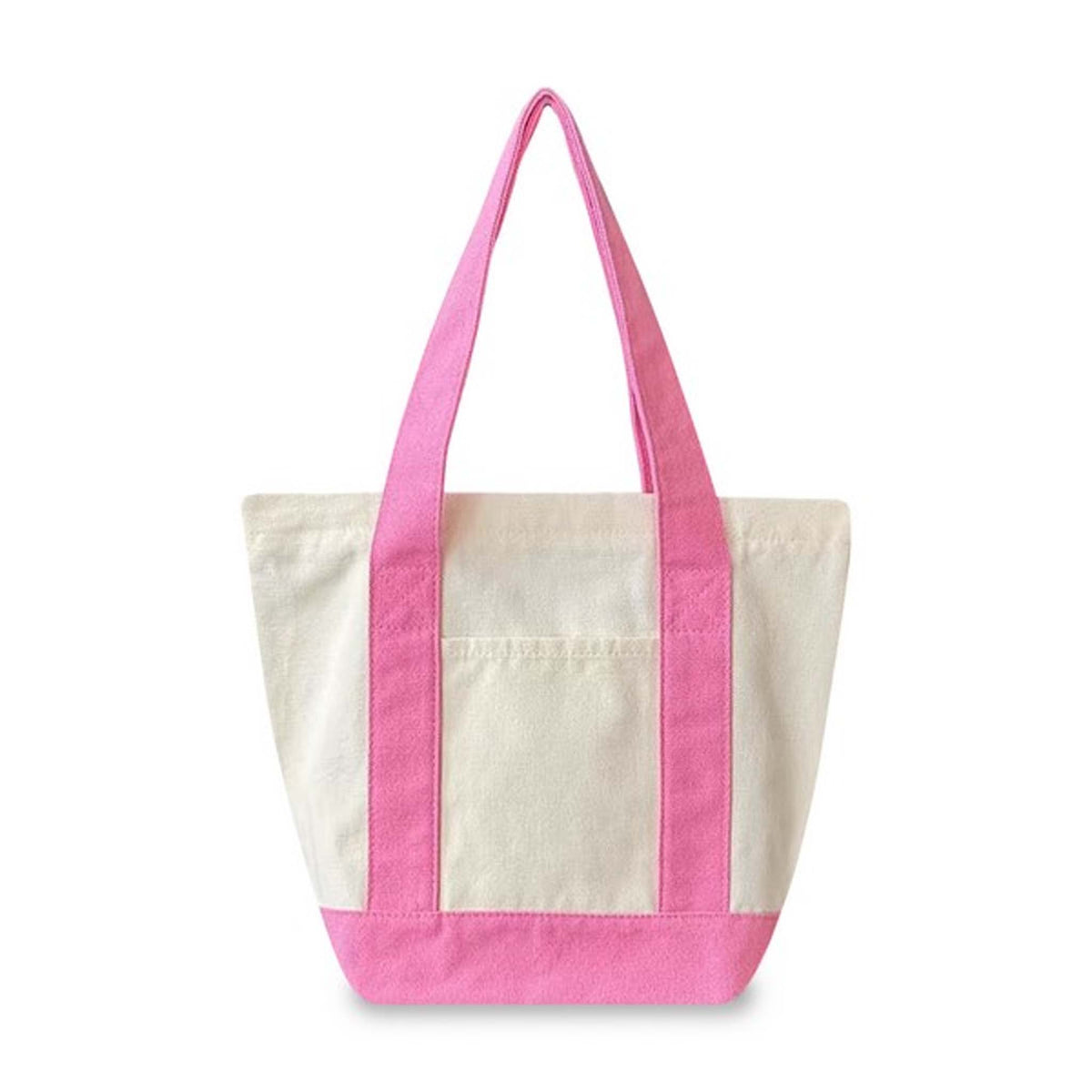 A canvas tote bag with an off-white body and bright pink handles, trim, and base, shown against a plain white background.