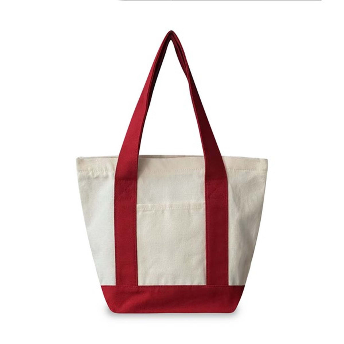 A canvas tote bag with an off-white body and contrasting red handles, bottom trim, and front pocket, shown against a plain white background.