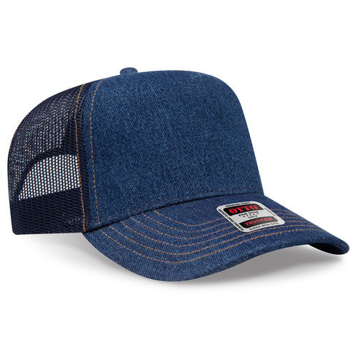 Blue denim cap with mesh back on a white background