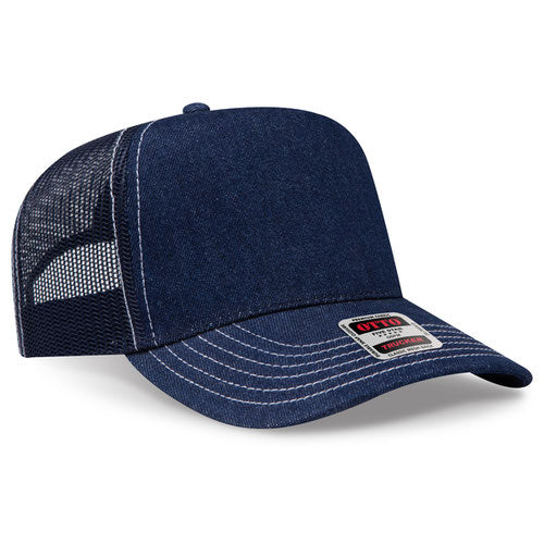 Blue trucker cap with mesh back on a white background