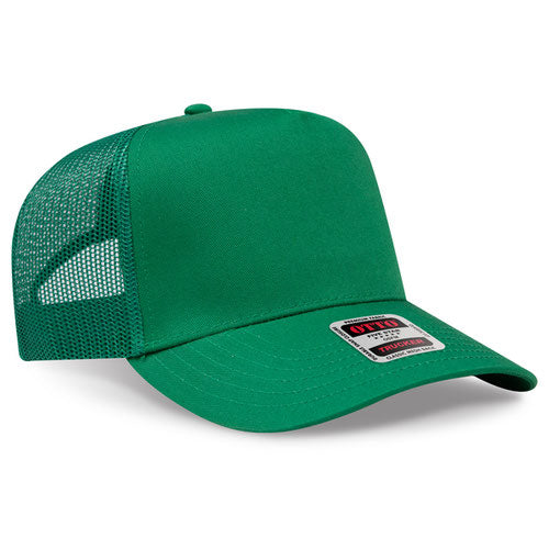 Green trucker cap with mesh back on a white background