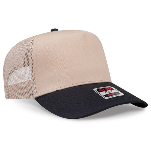 Beige and black trucker cap with a brand label on a white background