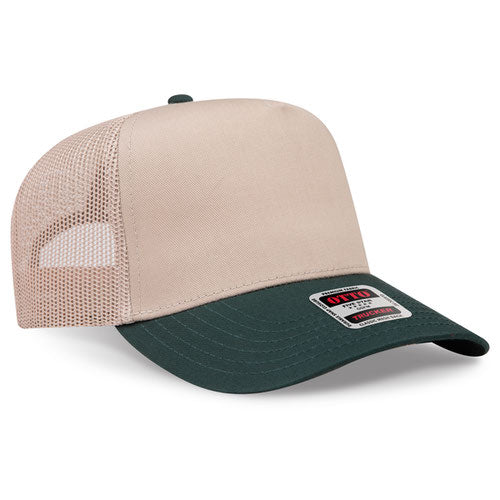 Beige and green trucker cap with a brand label on a white background