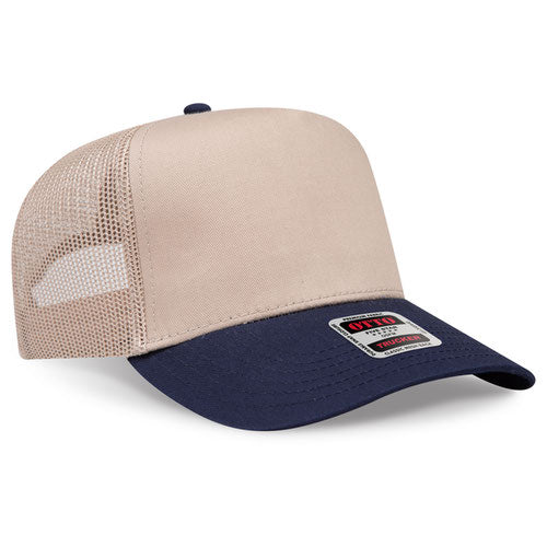 Gray and navy trucker cap with a brand label on a white background