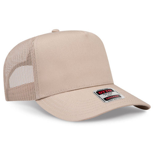 Beige baseball cap with a mesh back on a white background