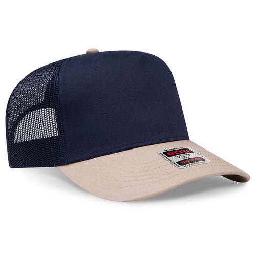 Navy crown with khaki bill mesh trucker hat against a solid white background