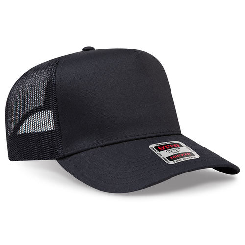 Black mesh cap with a brand label on a white background