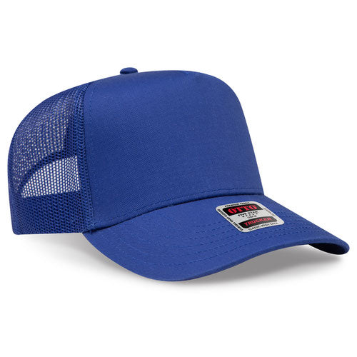 Blue mesh cap with a brand logo on a white background