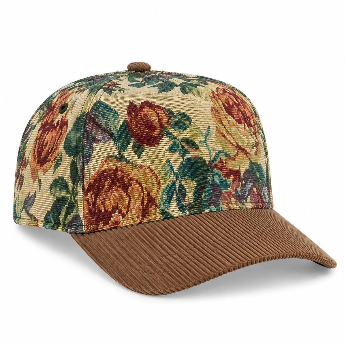 A baseball cap featuring a floral tapestry pattern on the crown in beige, brown, and green, with a solid brown ribbed visor and matching brown button on top, shown on a white background.