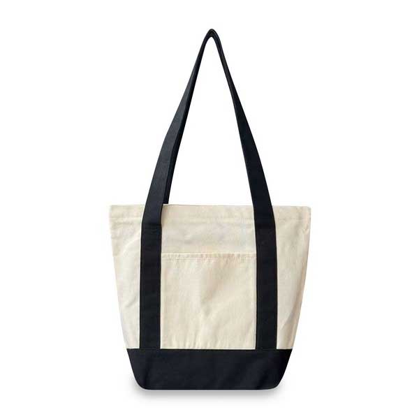 An off-white canvas tote bag with black shoulder straps and a black bottom base, shown against a plain white background.
