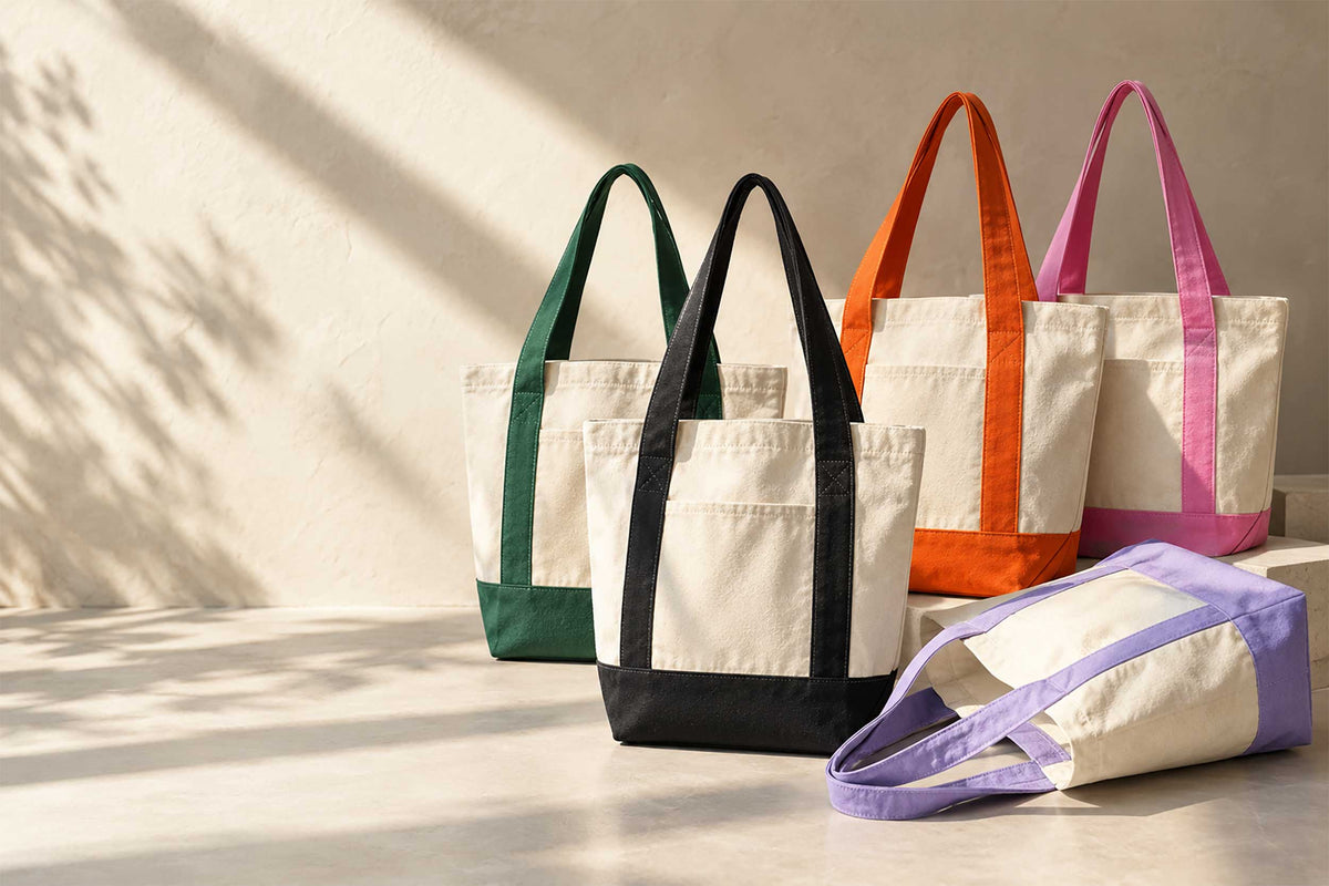 Four canvas tote bags with contrasting fabric handles are arranged on a sunlit beige floor against a textured wall. The bags come in green, black, orange, pink, and purple colorways, with dappled sunlight casting shadows across the scene.