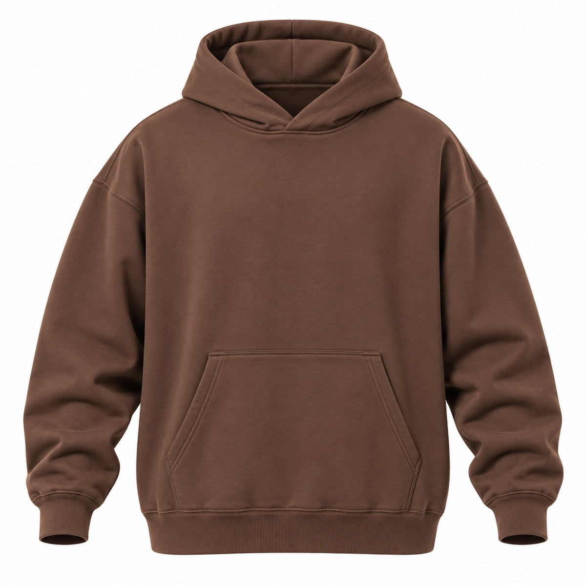 A solid brown pullover hoodie with a front kangaroo pocket, shown on a clean white background.