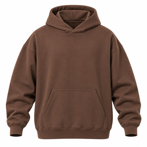 A solid brown pullover hoodie with a front kangaroo pocket, shown on a clean white background.