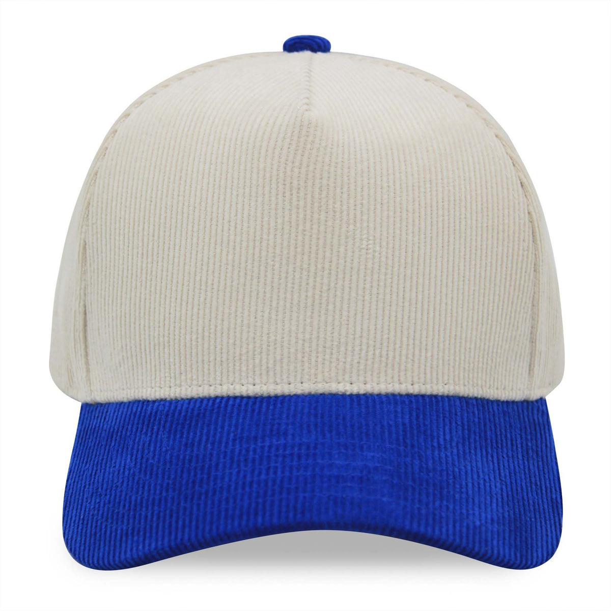 Natural and royal blue corduroy cap on a white background