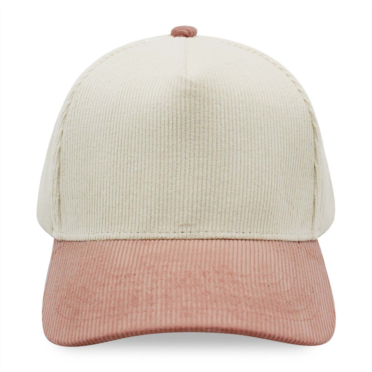 Two-tone natural and salmon pink corduroy cap on a white background