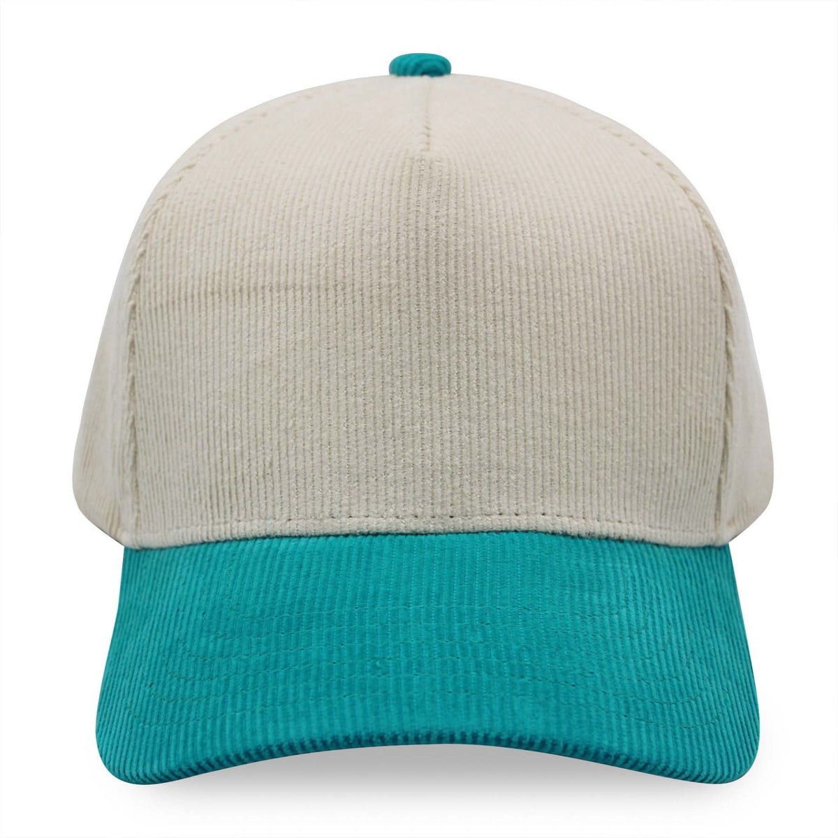 Natural and teal corduroy cap on a white background