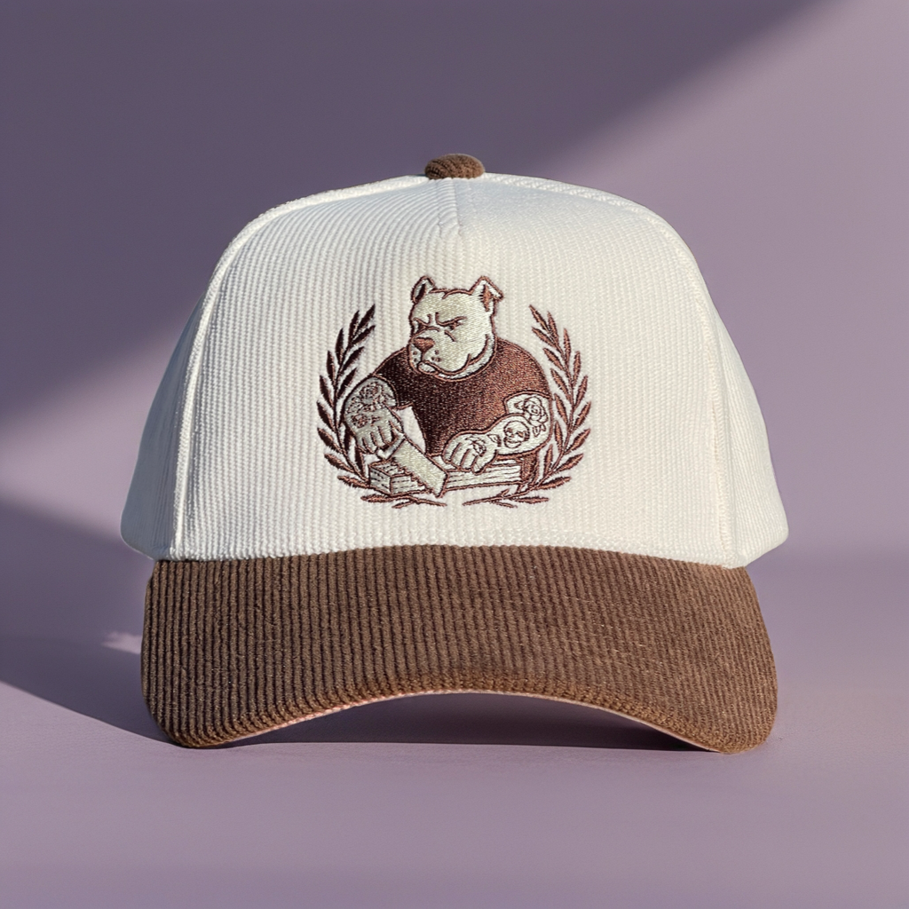 A structured baseball cap with an off-white front panel and a brown corduroy brim, featuring a central embroidered graphic of a bulldog surrounded by a laurel wreath. The background is a solid lavender-purple color with soft diagonal shadows.
