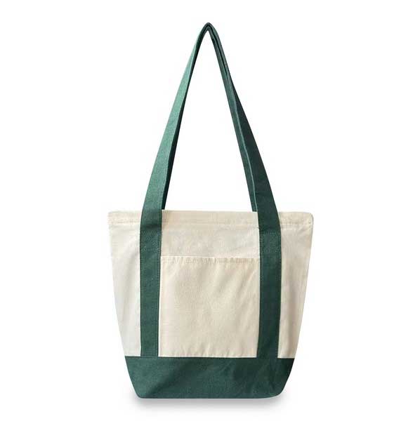 A canvas tote bag with a cream-colored body, a dark green bottom panel, and dark green shoulder straps, shown against a plain white background.