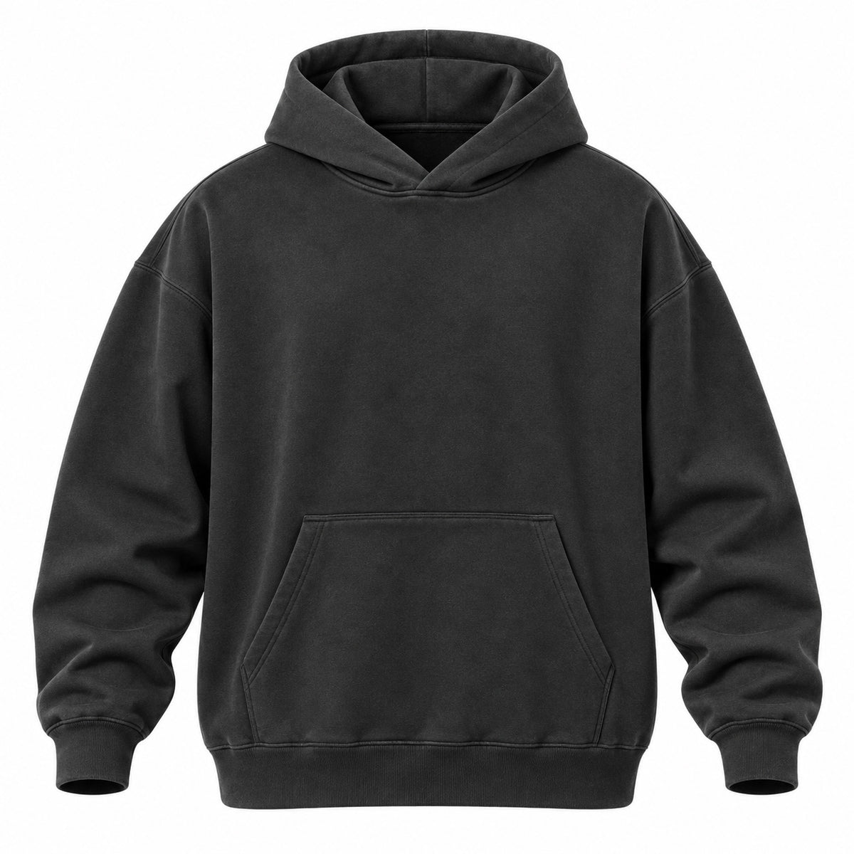 A dark charcoal gray pullover hoodie with a front kangaroo pocket, shown on a plain white background.