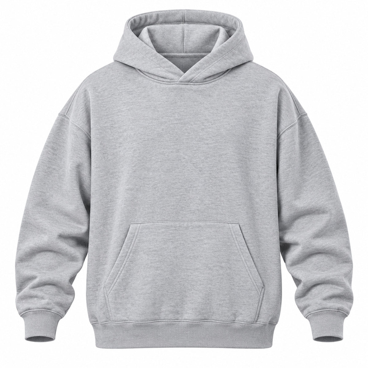 A light gray heather pullover hoodie with a front kangaroo pocket, shown on a plain white background.