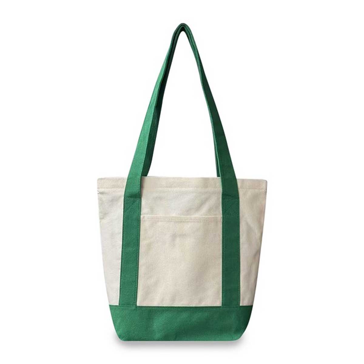 A canvas tote bag with an off-white body, green shoulder straps, and a green bottom panel, shown against a plain white background.