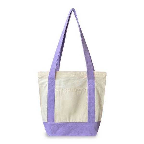 A canvas tote bag with a natural cream body, lavender purple straps, and a matching lavender bottom panel, shown against a plain white background.