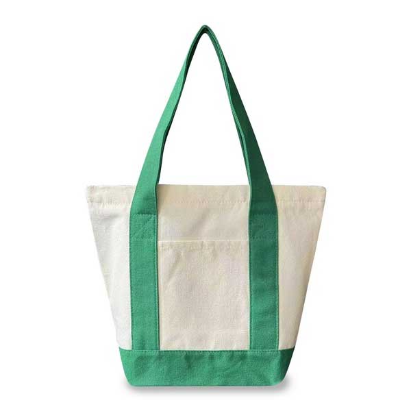 A canvas tote bag with an off-white body and bright green handles, trim, and base, shown against a plain white background.
