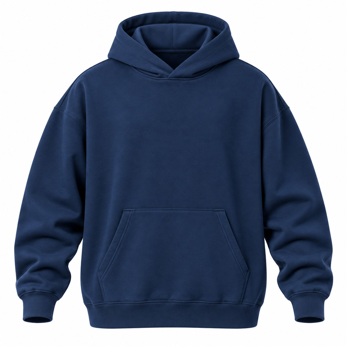 A classic navy blue pullover hoodie with a front kangaroo pocket, shown on a solid white background.