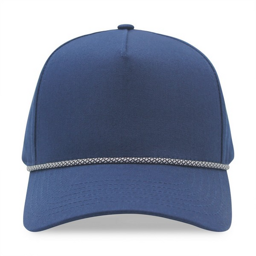 A blue 5 panel hat with rope against a solid white background.