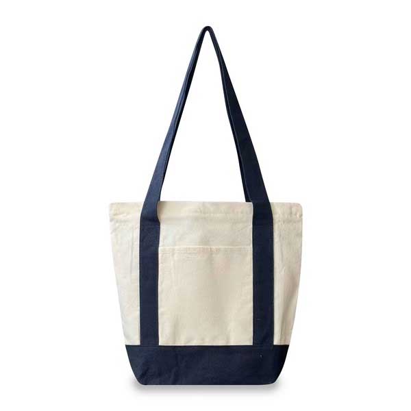 A canvas tote bag with an off-white body, dark navy blue handles, and a matching navy blue bottom base, shown against a plain white background.