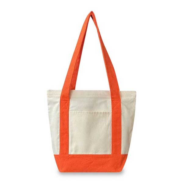 A canvas tote bag with an off-white body and bright orange straps, trim, and bottom base, shown against a plain white background.