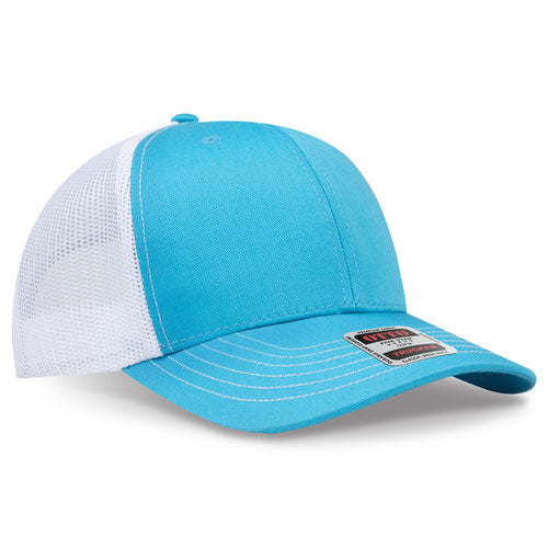 Aqua crown and visor with white mesh back trucker hat on a solid white background.