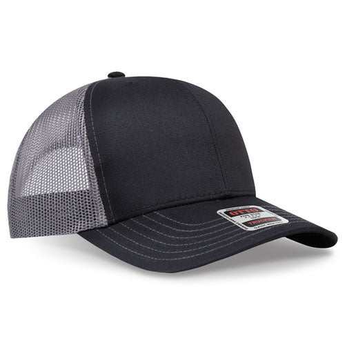 Black crown and visor with charcoal gray mesh back trucker hat on a solid white background.