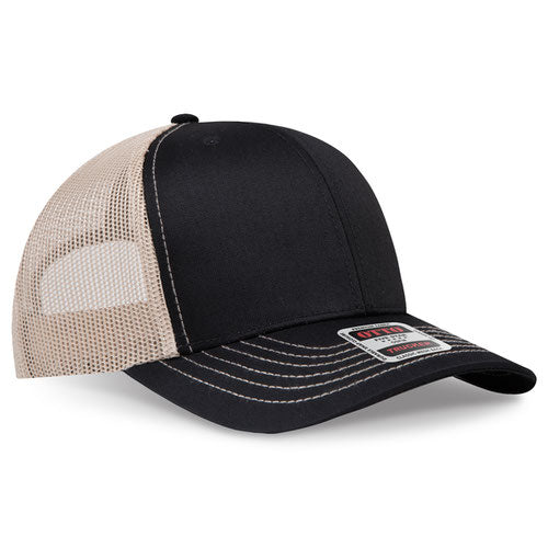 Black crown and visor with khaki mesh back trucker hat on a solid white background.