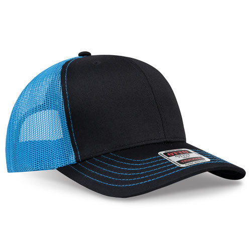 Black crown and visor with neon blue mesh back trucker hat on a solid white background.