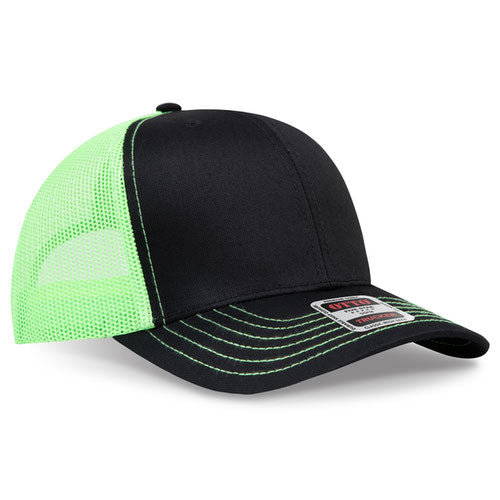 Black crown and visor with neon green mesh back trucker hat on a solid white background.