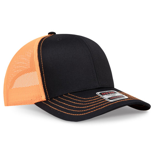 Black crown and visor with neon orange mesh back trucker hat on a solid white background.