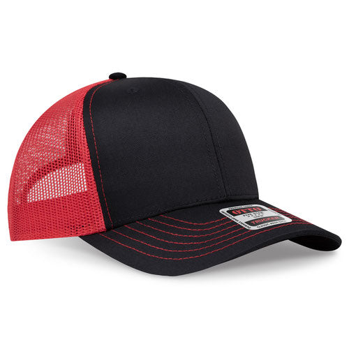 Black crown and visor with red mesh back trucker hat on a solid white background.