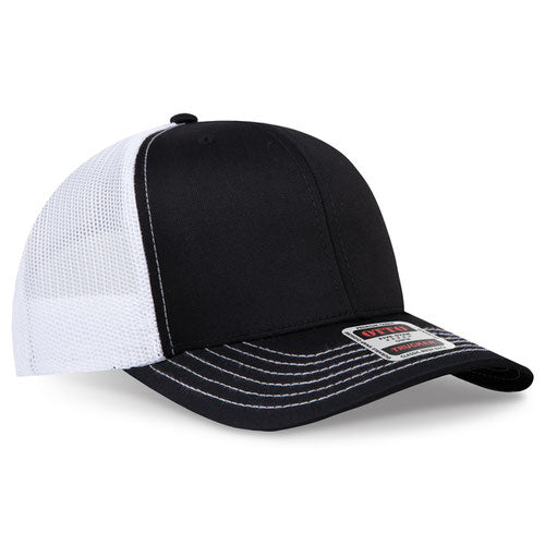 Black crown and visor with white mesh back trucker hat on a solid white background.