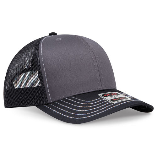 Black and charcoal gray mesh trucker hat on a solid white background.
