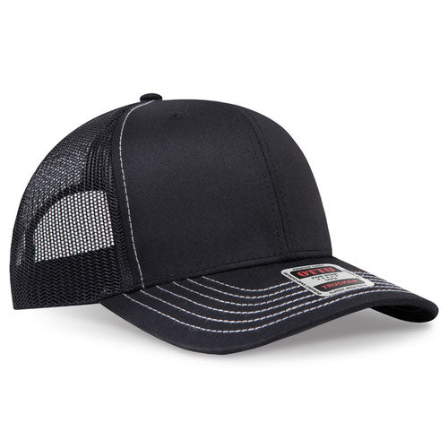 Black mesh trucker hat with contrast stitching on a solid white background.