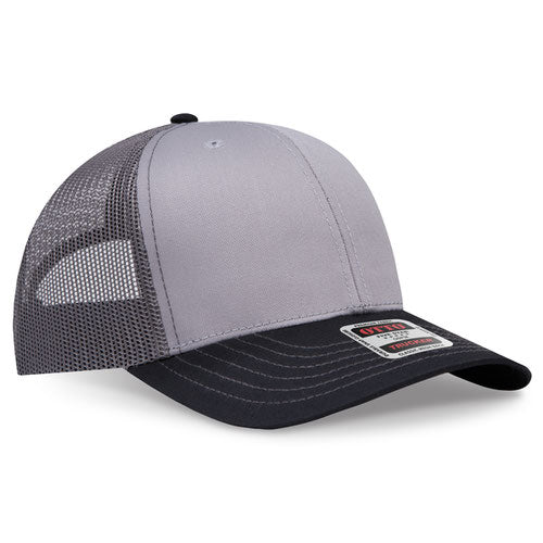 Black, gray, and charcoal gray mesh trucker hat on a solid white background.
