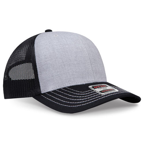 Black and heather gray mesh trucker hat on a solid white background.