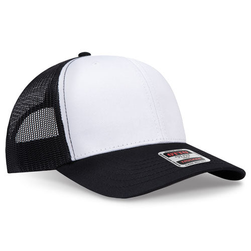 Black and white mesh trucker hat on a solid white background.