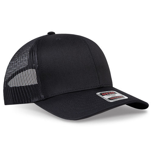Black mesh trucker hat on a solid white background.